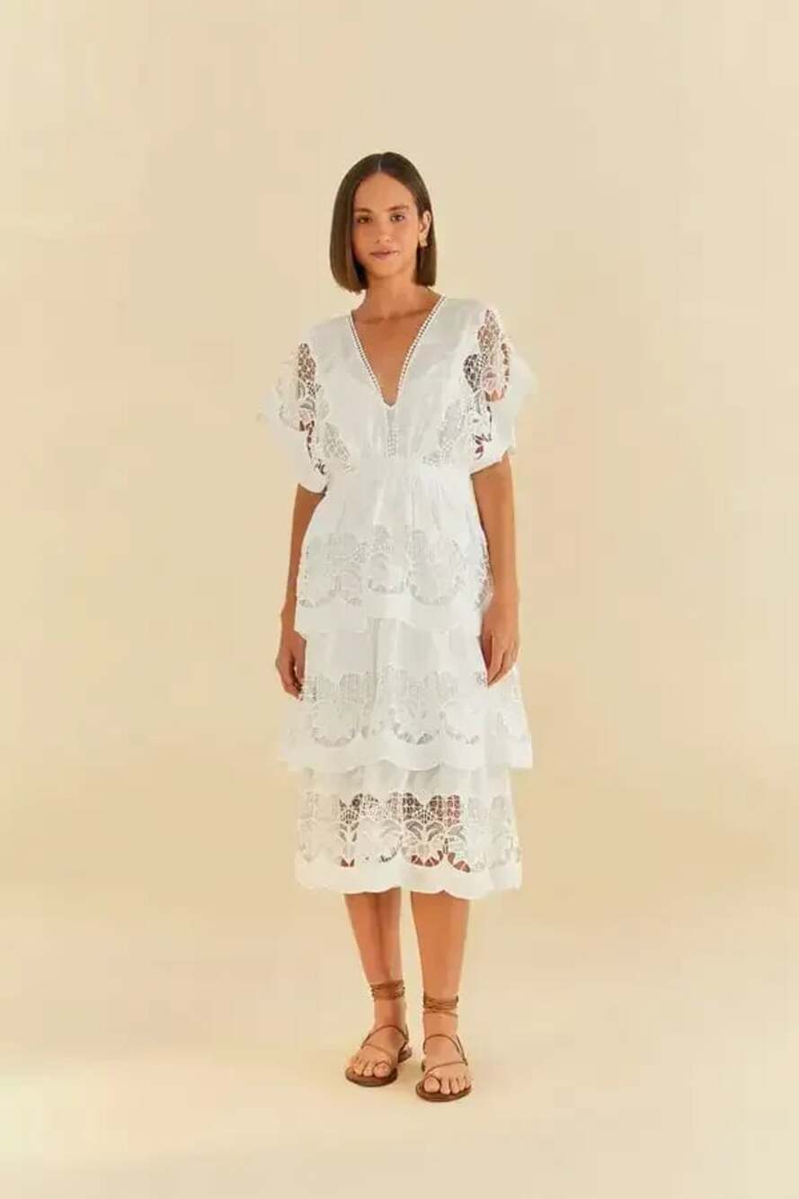 FARM Rio White Richelieu Embroidered Lace Tiered Midi Dress